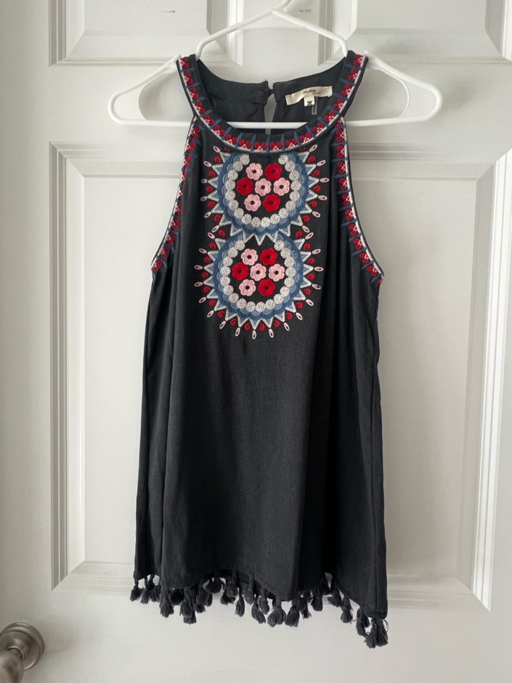 Andree Black Sleeveless Embroidered Tassel Tank Top